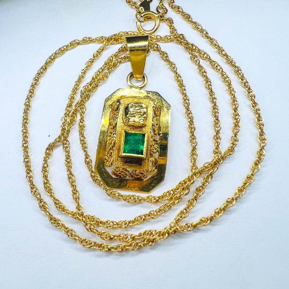18k Yellow Gold Pre Columbian Tumi Natural Emerald Necklace 18" 3.3g 14k Chain - Picture 11 of 15